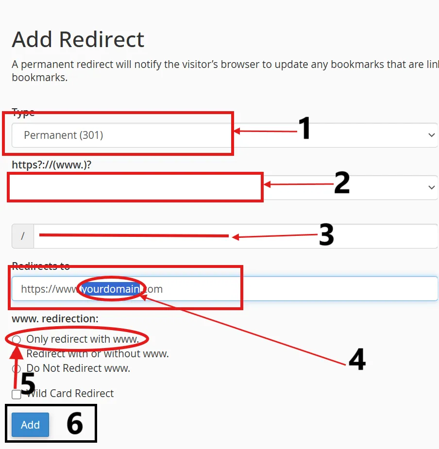cPanel → قسم Domains → Redirects في Vornix مع تحديد الخيار