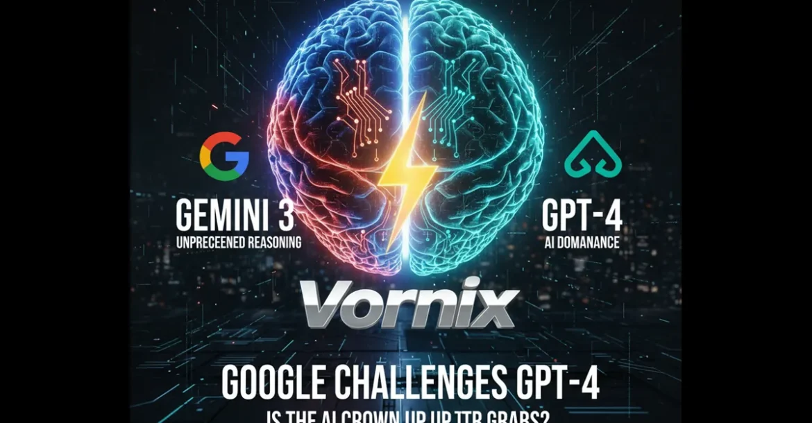 غلاف مقال لموقع Vornix يوضح التحدي بين جوجل Gemini 3 و OpenAI GPT-4 مع سؤال "هل تاج الذكاء الاصطناعي للمنافسة؟"